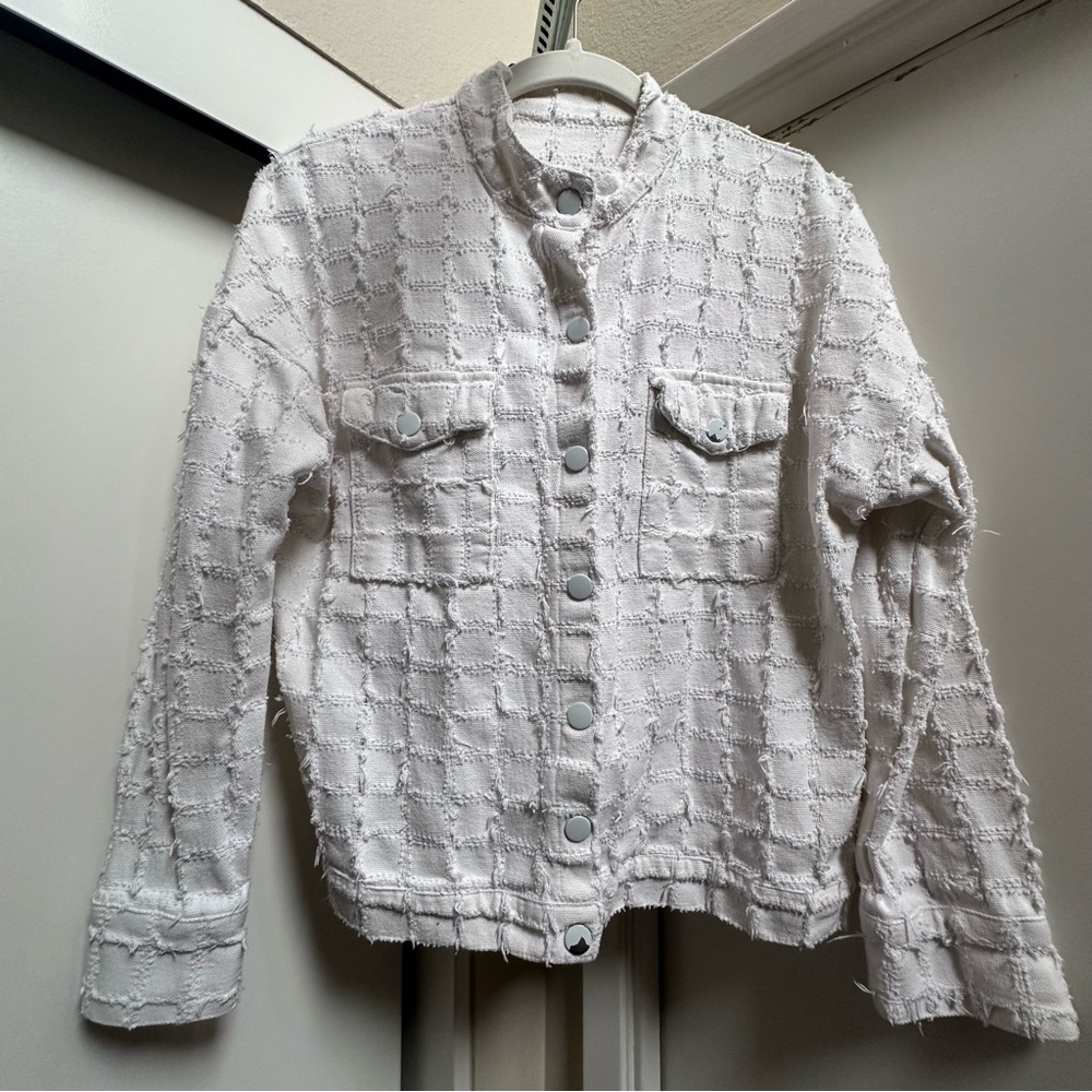 White Denim Patch Textured Jacket - image 1